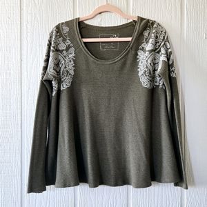 We The Free People Thermal Waffle Weave Printed Shoulders Swing Top Green Small